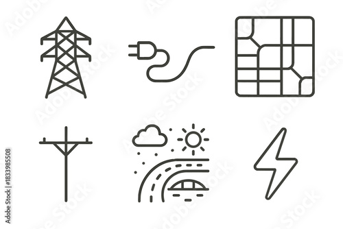 Electrical energy icons: power lines, plug, grid, weather, lightning symbols