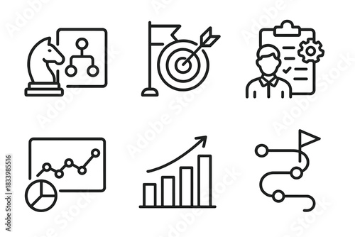 Business strategy icons: chess, target, presentation, graph, growth, roadmap
