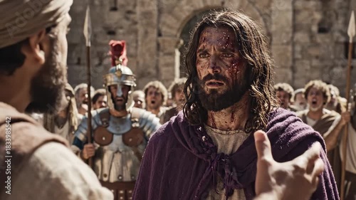 Jesus Christ on Trial - A poignant depiction shows Jesus Christ listening intently to an accuser during his trial.