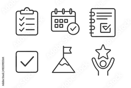 Checklist and planning icons featuring tasks, calendar, goals, and achievements