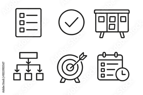 Project management icons: checklist, checkmark, board, flowchart, target, calendar