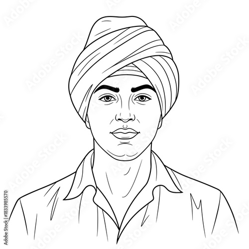 Stylish Woman Wearing Turban and Collared Shirt Simple Line Art Drawing Portrait