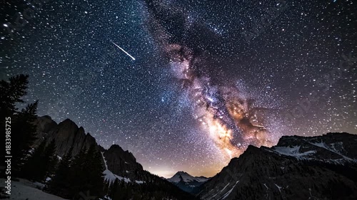 Stunning Night Sky with Milky Way and Shooting Star over Mountain Landscape.