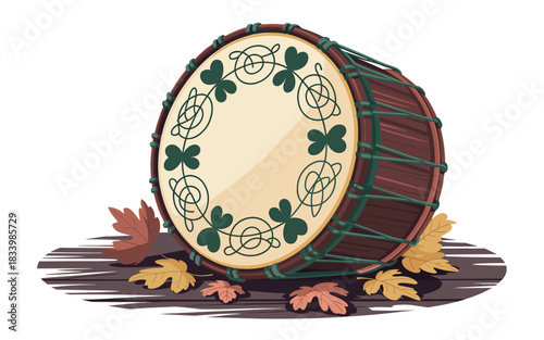 Bodhrán Illustration with Shamrock Design and Autumn Leaves, Perfect for Irish Music, Culture, and Seasonal Celebrations, Isolated on a White Background