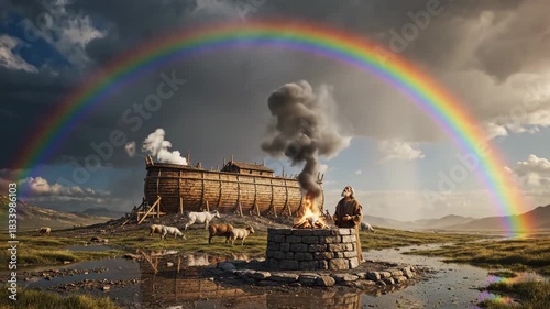 Noah's Sacrifice After the Flood - A man is offering a sacrifice, standing near a stone altar with a fire burning, with Noah's Ark in the background.