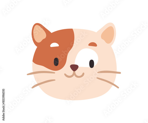 Cute cat face avatar. Smiling kitten with whiskers, happy friendly expression. Kitty, head portrait, feline animal user profile in kawaii style. Flat vector illustration isolated on white background