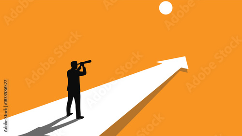 Silhouette businessman looking through a spyglass, standing on a long upward-pointing arrow towards a white sun-like circle against a vibrant orange sky, symbolizing future vision and ambition.