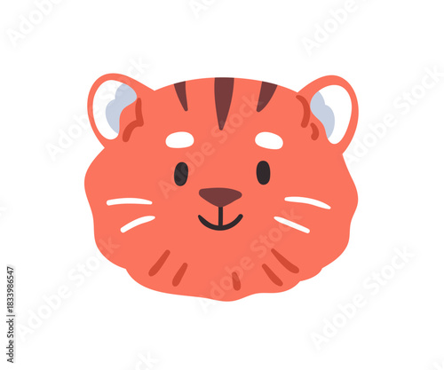 Cute tiger cub, face avatar. Smiling happy wildcat, user profile in kawaii style. Jungle baby character, feline animal, head portrait. Flat vector illustration isolated on white background