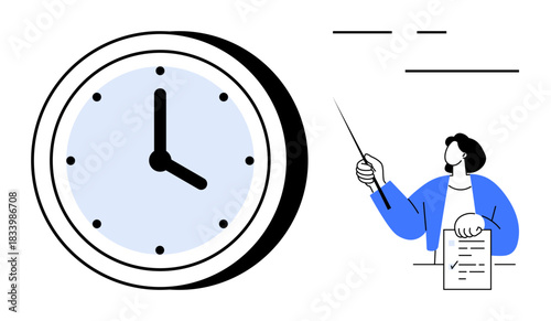 Large clock in soft tones beside a person holding a document and gesturing with a pointer. Ideal for productivity, planning, deadlines, teamwork, education, organization, simple flat metaphor