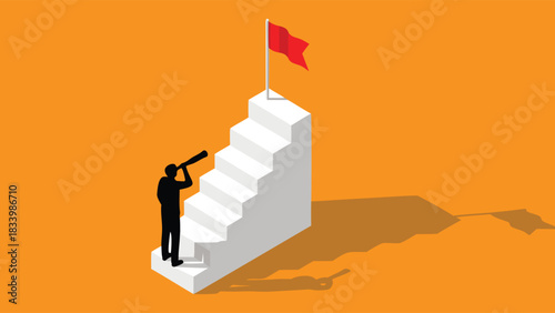 Silhouette person with telescope on isometric white stairs, looking towards a red flag goal on an orange background, symbolizing future vision and strategic planning.