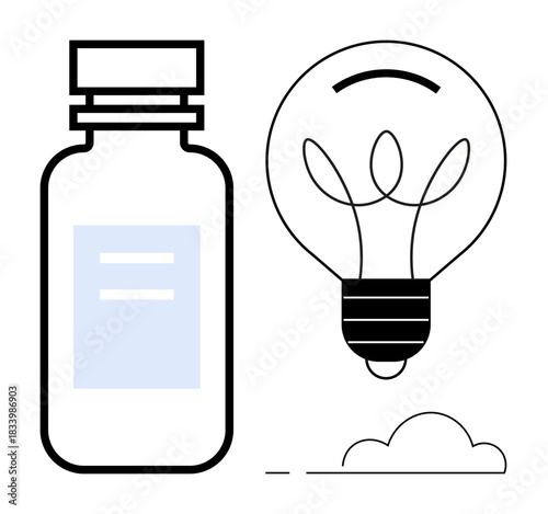 Innovation, healthcare, creativity, medicine, pharmaceutical industry, problem-solving. Outline of a medicine bottle and a light bulb. Innovation and healthcare highlighted in a minimalist style