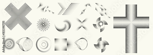 Abstract circular, linear halftones element set, geometric dotted ring and spiral circle shapes for design, technology, or motion graphic backgrounds. Dotted elements, radial spirals, and vortex.