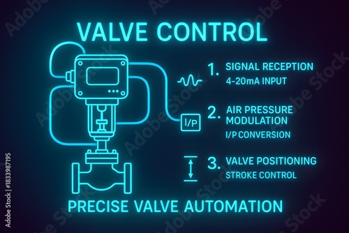 Neon Infographic of Pneumatic Valve Actuator with Positioner for Precise Flow Control Automation