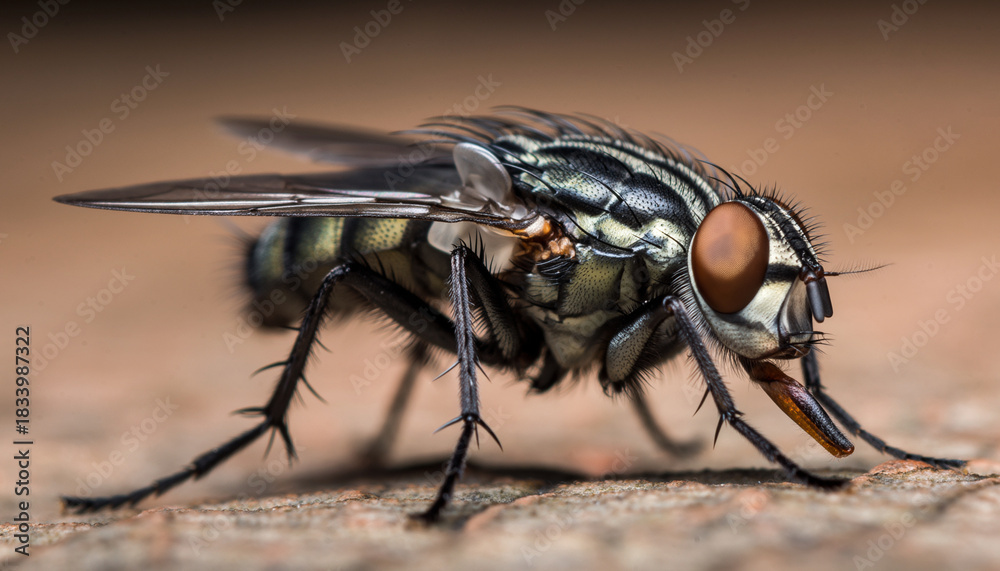 Obraz premium Macro photograph of a fly with large compound eyes on textured surface.