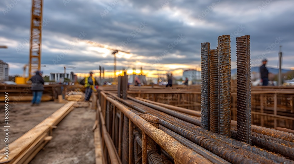 Fototapeta premium Construction site with rusted rebar cages and cranes at sunrise under stormy clouds depicting urban development