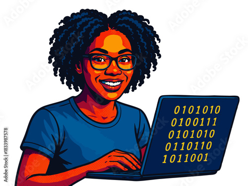 cheerful woman wearing glasses, working on a laptop with a coding symbol, representing tech and programming. Generative ai vector colorful pop art illustration.