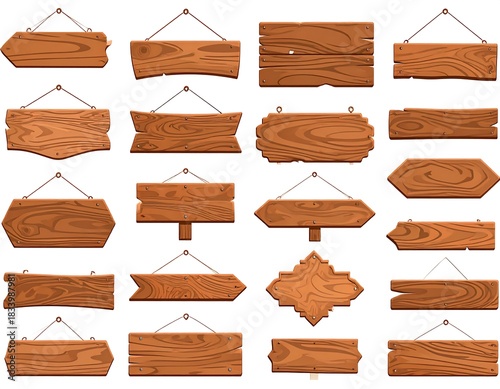 Set of vintage wooden vector signboards hanging on ropes, cartoon illustration