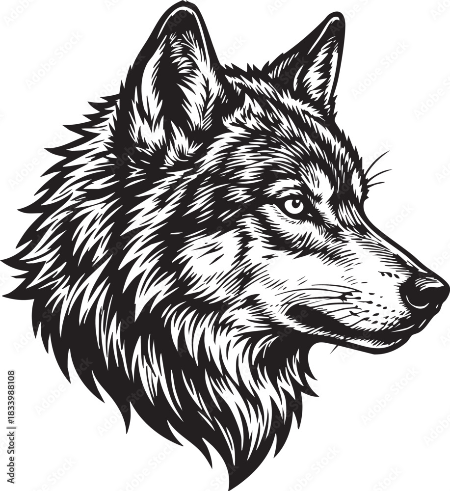 Naklejka premium Detailed Engraved Wolf Head Vector Illustration