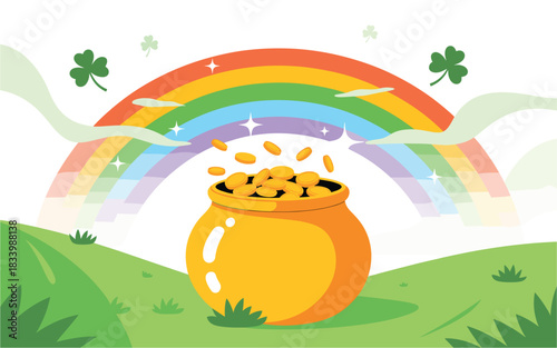 St. Patrick's Day Illustration: Pot of Gold, Rainbow, and Clover for Festive Celebrations, Leprechaun Treasure, Lucky Charms and Irish Holidays