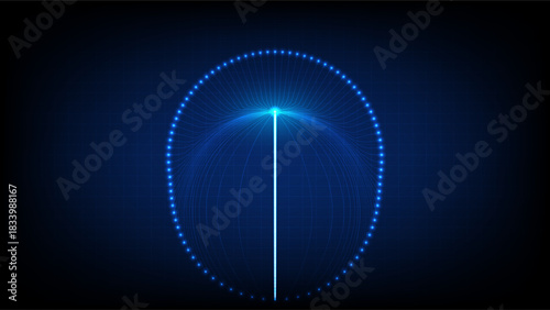 Glowing blue digital sphere with light trails and dotted arcs, perfect for tech, data and futuristic design themes
