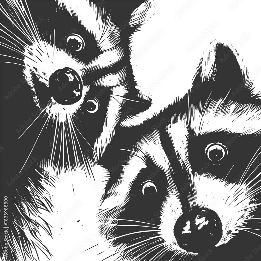 Fototapeta premium raccoons peering downward with wide-eyed expressions, ideal for humor or wildlife themes sketch engraving generative ai vector illustration. Scratch board imitation. Black and white image.