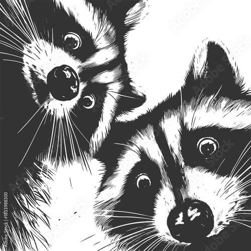  raccoons peering downward with wide-eyed expressions, ideal for humor or wildlife themes sketch engraving generative ai vector illustration. Scratch board imitation. Black and white image.