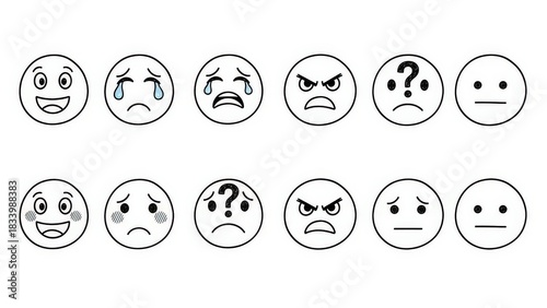 Hand drawn emoji faces showing different emotions and expressions
