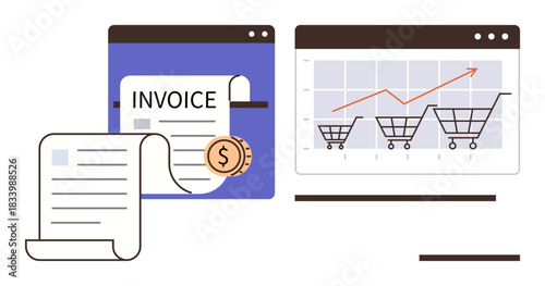 Invoice document with dollar coin, adjacent to shopping cart analytics graph with upward trend. Ideal for accounting, e-commerce, analytics, financial planning, sales growth, data visualization