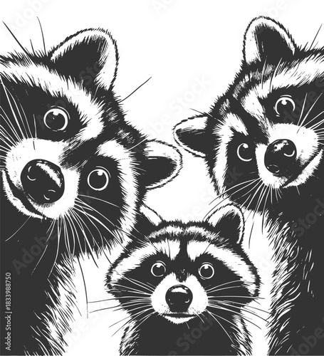 three raccoons peering downward with wide-eyed expressions, ideal for humor or wildlife themes sketch engraving generative ai vector illustration. Scratch board imitation. Black and white image.