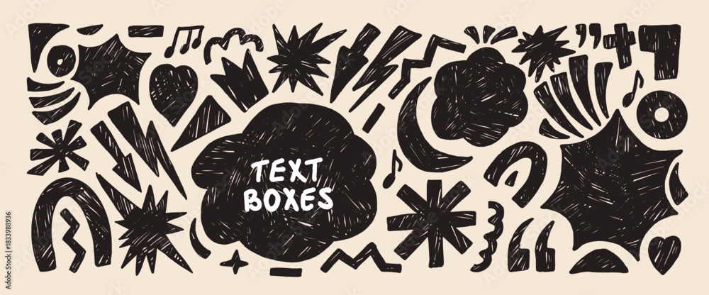 Naklejka premium Text boxes hand drawn background. Geometric and abstract linocut figures handmade scribbles set. Music note, lightning, arrows, heart stickers. Vector graphic illustration isolated no background.