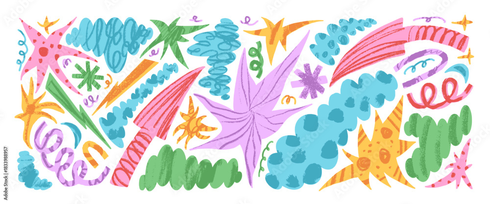 Fototapeta premium Abstract geometric paper scrapbook cutout. Stars shape, arrow torn papers pieces set with crayon texture. Hand drawn cut out sticker irregular blob and abstraction. Vector craft tear scribbles no bg.