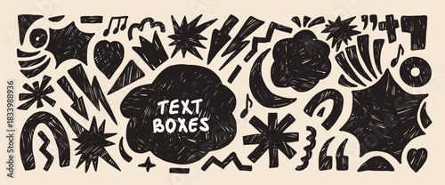Text boxes hand drawn background. Geometric and abstract linocut figures handmade scribbles set. Music note, lightning, arrows, heart stickers. Vector graphic illustration isolated no background.