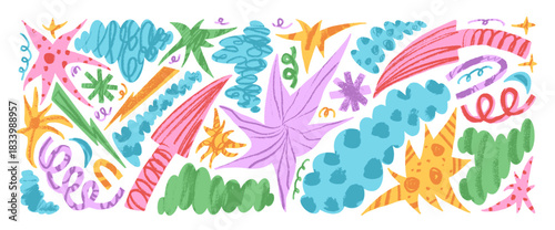 Abstract geometric paper scrapbook cutout. Stars shape, arrow torn papers pieces set with crayon texture. Hand drawn cut out sticker irregular blob and abstraction. Vector craft tear scribbles no bg.