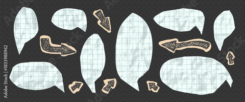 Paper dialogue balloons. Speech bubbles grid school collection with rough crumpled texture. Kids chat bubble, torn math paper stickers, wrinkled speech templates for social media, notebook collage bg.