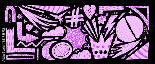 Purple abstract geometric collage cutouts background. Freeform figures scrap set. Semicircles, stars, cloud, arrows, heart doodle stickers with crayon textures. Vector revival illustration no bg.
