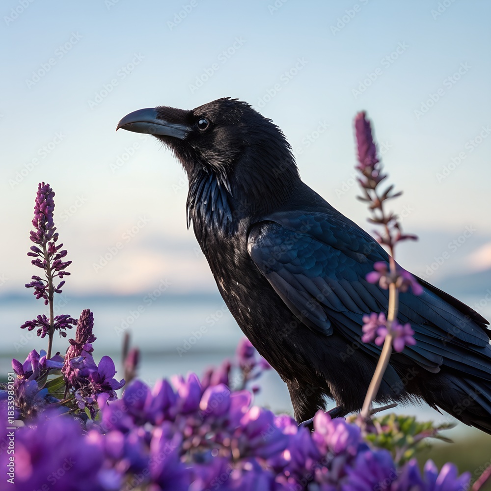 Obraz premium A glossy raven resting among ripe purple blooms, clear with a beautiful background.