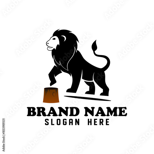 Creative inspiration for the logo of a lion standing upright and stepping on a piece of wood