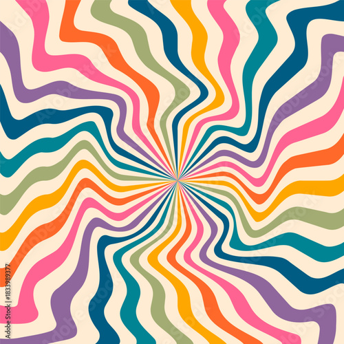 Swirl retro starburst background, groovy spiral candy pattern. Carnival radial rainbow print, abstract funky bg. Disco striped rays poster, wave twist line grunge effect wallpaper. Vector illustration