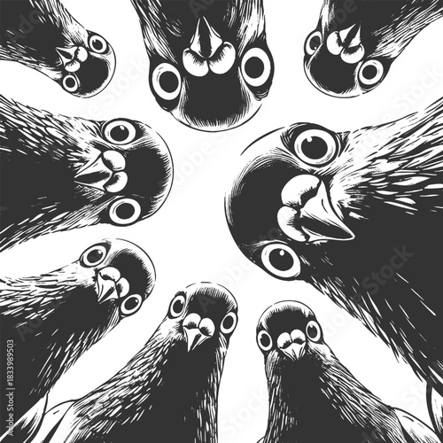 pigeons looking down, humorous visual concepts sketch engraving generative ai fictional character vector illustration. Scratch board imitation. Black and white image.