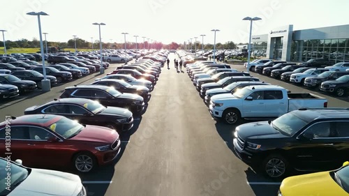 Forward moving aerial shot of people walking through a large outdoor car dealership with numerous new vehicles parked in neat rows, gleaming under the bright afternoon sun
