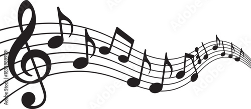 Elegant treble clef and musical notes flowing on staff lines