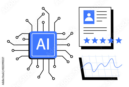 AI chip with neural network connections, a user profile rating document with stars, and a data analytics graph. Ideal for technology, AI, automation, analytics, recruiting, innovation