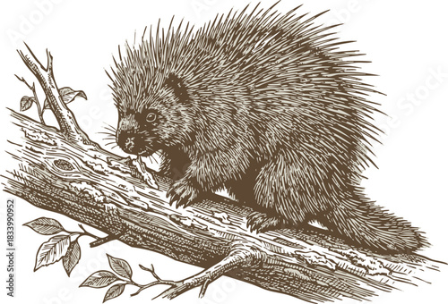 Hand Drawn Porcupine on Branch Vector Illustration