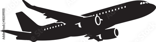 black silhouette of airplane flying on white background, vector