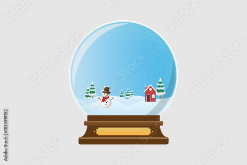A winter scene inside a snow globe with a smiling snowman stands on snowy hills and a small red house with a chimney adds warmth to the wintry landscape surrounded by evergreen trees.