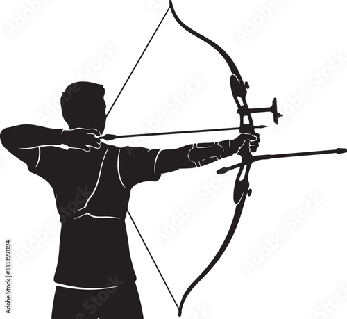 black silhouette of archer aim pose on white background, vector