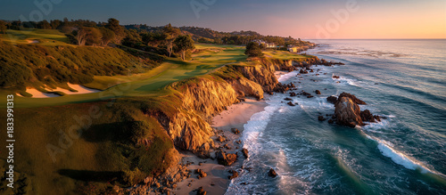 Ocean golf course coastal cliffs sunset light golden hour rocky shore rolling fairway seaside links tranquil waves scenic landscape dramatic coastline. Coastal golf course hugs rugged cliffs