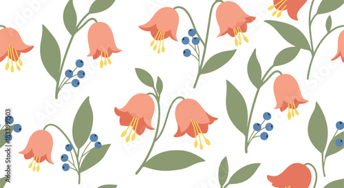 Delicate coral bell flowers and blue berries seamless pattern