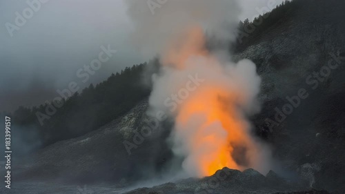 Volcanic Eruption with Molten Lava and Steam Against a Misty Mountain volcano fire