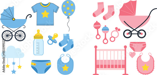 Baby boy and girl essentials vector illustration set with stroller clothes toys bottles and nursery accessories